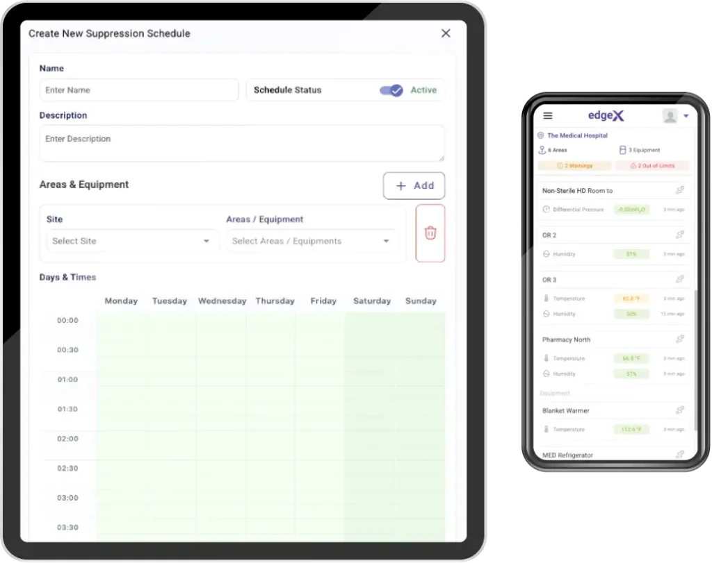 Tablet showing a schedule creation form, phone displaying EdgeX hospital monitoring dashboard.