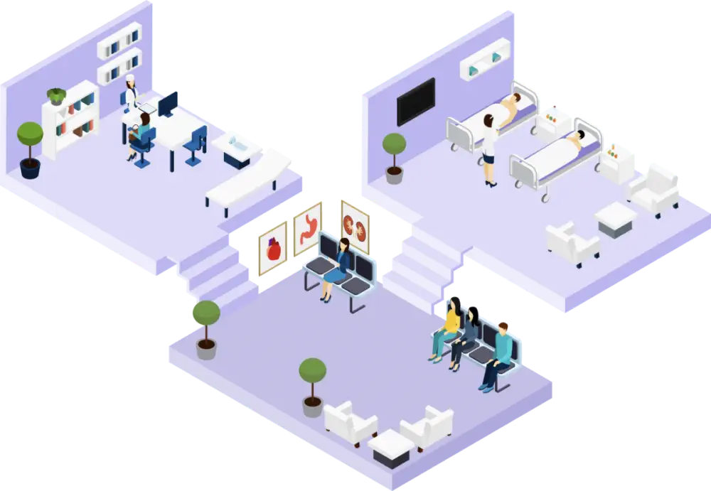 Isometric view of a modern clinic, showing consultation, waiting areas, and patient rooms.