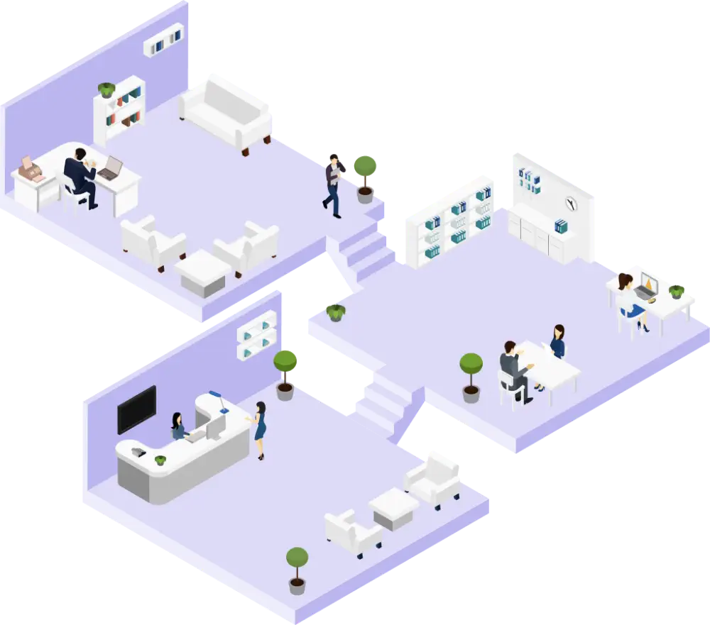 Isometric office interior showing reception, workstations, meeting areas, and a library.