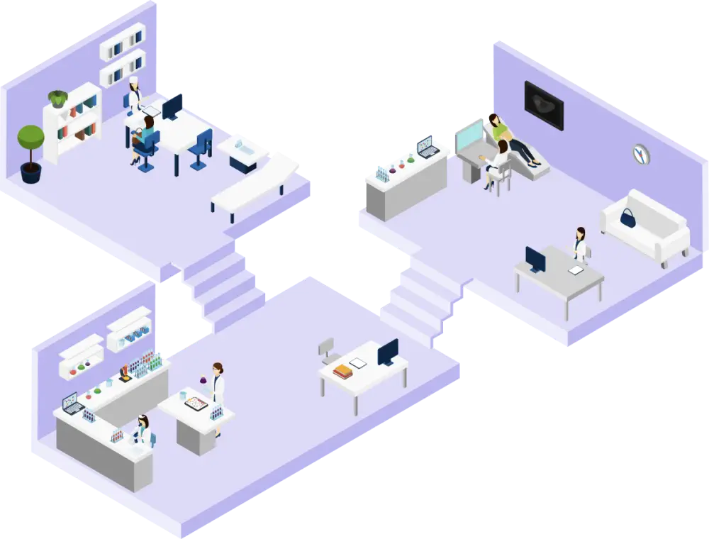 Isometric medical facility with a lab, patient exam room, and an administrative office.